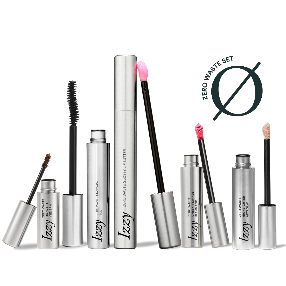 Set of Izzy zero waste makeup products on a white background with 'Zero Waste Set' logo.